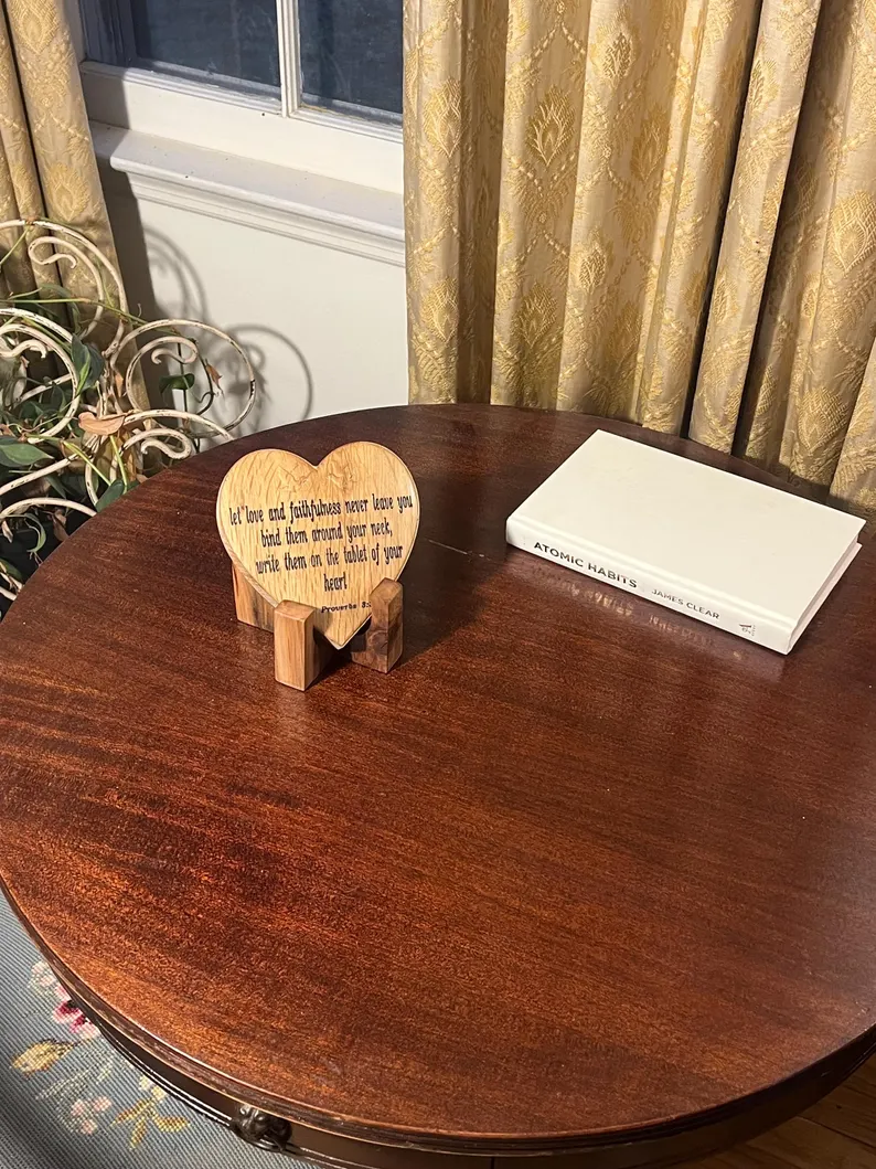 Engraved Wooden Heart with Proverbs 3:3 – Inspirational Bible Verse Décor